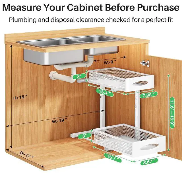 Alt view image 2 of 7 - Under Sink Organizer, 2 Pack 2 Tier Pull out Cabinet Organizer Baskets with Mesh Sliding Drawers, Slide out Sink Storage Shelves for Kitchen, Bathroom, Pantry, Cabinet Organizers and Storage(White)