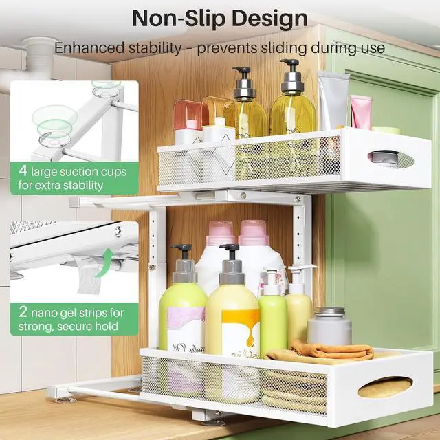 Alt view image 6 of 7 - Under Sink Organizer, 2 Pack 2 Tier Pull out Cabinet Organizer Baskets with Mesh Sliding Drawers, Slide out Sink Storage Shelves for Kitchen, Bathroom, Pantry, Cabinet Organizers and Storage(White)