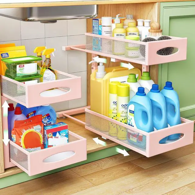 Main image of Under Sink Organizer, 2 Tier Pull out Cabinet Organizer Baskets with Mesh Sliding Drawers, Slide out Storage Shelf for Home, Kitchen, Bathroom, Pantry, Office Cabinet(1 Pack, Pink)
