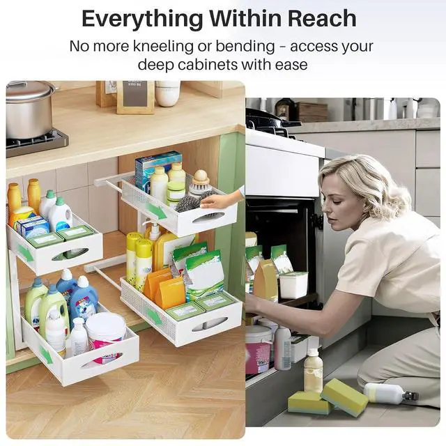 Alt view image 7 of 7 - Under Sink Organizer, 2 Pack 2 Tier Pull out Cabinet Organizer Baskets with Mesh Sliding Drawers, Slide out Sink Storage Shelves for Kitchen, Bathroom, Pantry, Cabinet Organizers and Storage(White)