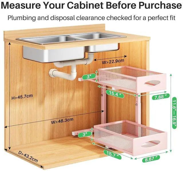 Alt view image 2 of 3 - Under Sink Organizer, 2 Tier Pull out Cabinet Organizer Baskets with Mesh Sliding Drawers, Slide out Storage Shelf for Home, Kitchen, Bathroom, Pantry, Office Cabinet(1 Pack, Pink)