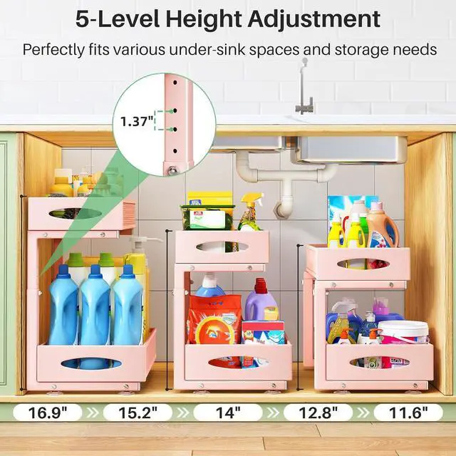 Alt view image 3 of 3 - Under Sink Organizer, 2 Tier Pull out Cabinet Organizer Baskets with Mesh Sliding Drawers, Slide out Storage Shelf for Home, Kitchen, Bathroom, Pantry, Office Cabinet(1 Pack, Pink)