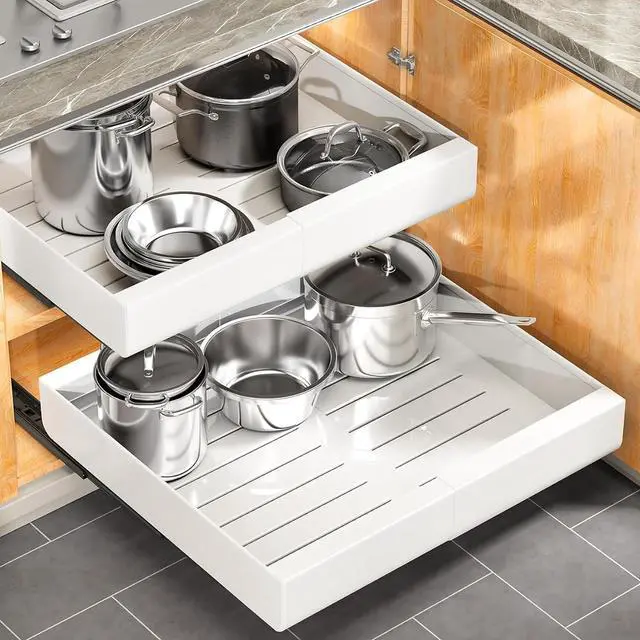 Main image of Pull out Cabinet Organizer, 2-pack, Expandable(12"-20") Heavy Duty Slide out Drawers Fixed with Adhesive Nano Film for Pots, Roll out Shelf Storage for Kitchen Base Cabinet Organization(3 Rails)