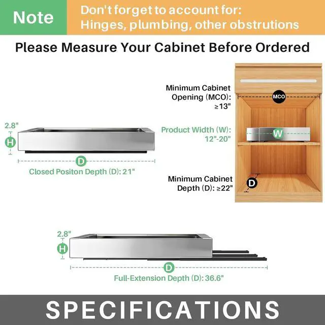 Alt view image 2 of 7 - Pull out Cabinet Organizer, Stainless Steel Expandable(12"-20") Heavy Duty Slide out Drawers Fixed with Adhesive Nano Film for Pots, Roll out Shelf Storage for Kitchen Base(Silver-2pcs)(3 Rails)