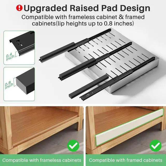 Alt view image 3 of 7 - Pull out Cabinet Organizer, Stainless Steel Expandable(12"-20") Heavy Duty Slide out Drawers Fixed with Adhesive Nano Film for Pots, Roll out Shelf Storage for Kitchen Base(Silver-2pcs)(3 Rails)
