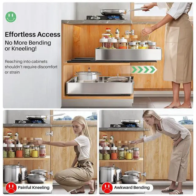 Alt view image 5 of 7 - Pull out Cabinet Organizer, Stainless Steel Expandable(12"-20") Heavy Duty Slide out Drawers Fixed with Adhesive Nano Film for Pots, Roll out Shelf Storage for Kitchen Base(Silver-2pcs)(3 Rails)