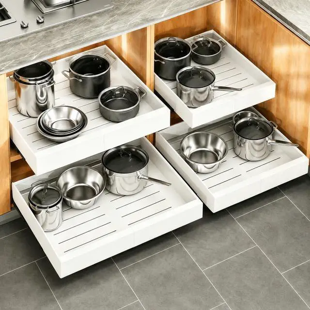 Main image of Pull out Cabinet Organizer, 4-pack, Expandable(12"-20") Heavy Duty Slide out Drawers Fixed with Adhesive Nano Film for Pots, Roll out Shelf Storage for Kitchen Base Cabinet Organization(3 Rails)