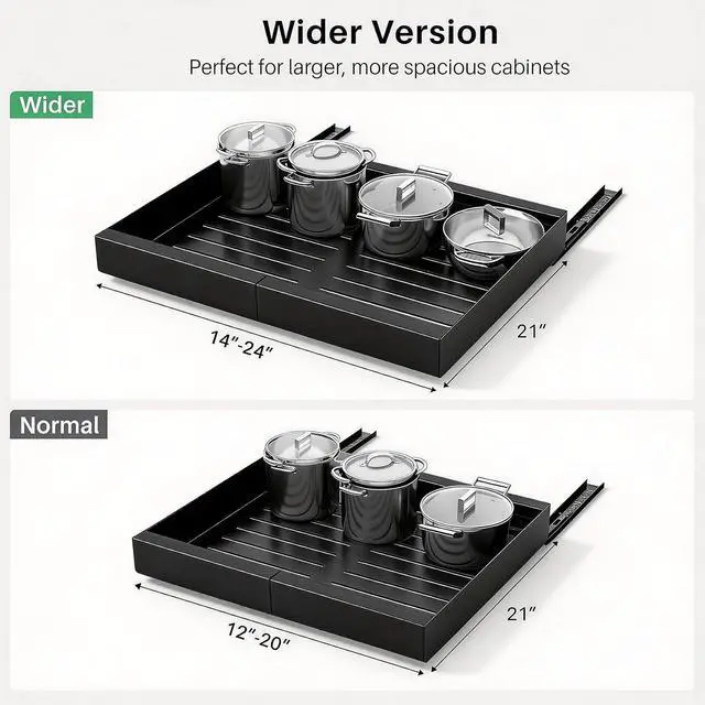 Alt view image 2 of 7 - Pull out Cabinet Organizer, Wider Expandable(14"-24") Heavy Duty Slide out Drawers Fixed with Adhesive Nano Film for Pots and Pans, Roll out Shelf Storage for Kitchen Base Organization 2-Pack