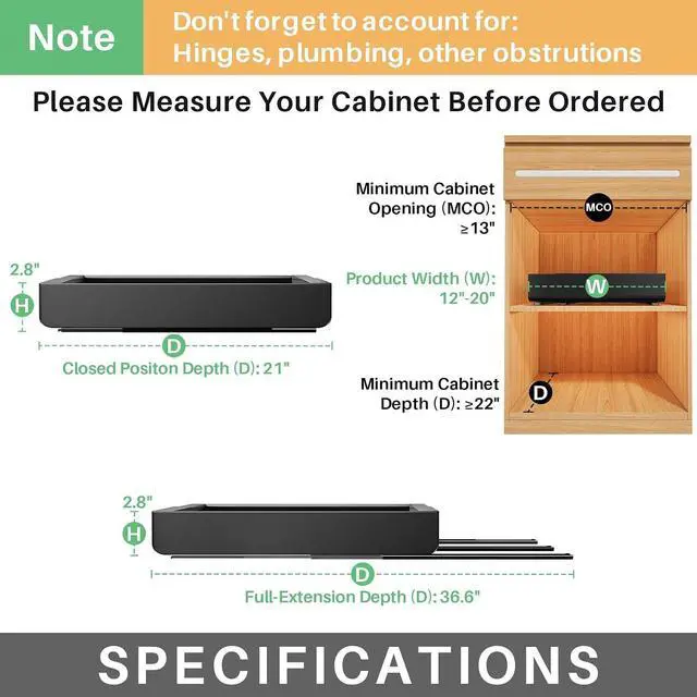 Alt view image 2 of 7 - 2 Pack Pull out Cabinet Organizer, Expandable(12"-20") Heavy Duty Slide out Drawer Fixed with Adhesive Nano Film for Pots, Roll out Shelf Storage for Kitchen Organization, Pantry, Bathroom(Black)