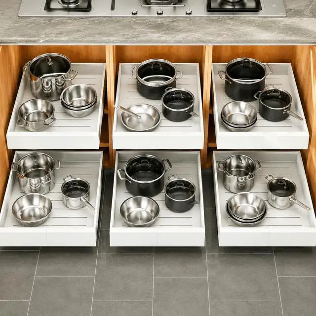 Main image of Pull out Cabinet Organizer, 6-pack, Expandable(12"-20") Heavy Duty Slide out Drawers Fixed with Adhesive Nano Film for Pots, Roll out Shelf Storage for Kitchen Base Cabinet Organization(3 Rails)