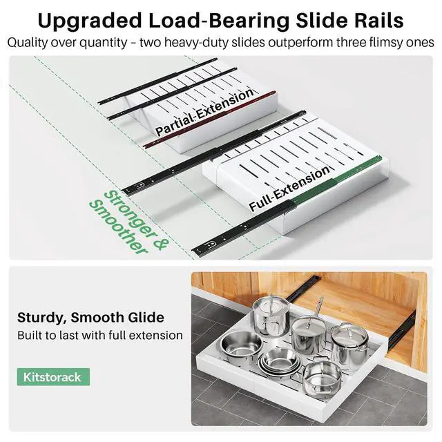 Alt view image 5 of 7 - Pull out Cabinet Organizer, 6-pack, Expandable(12"-20") Heavy Duty Slide out Drawers Fixed with Adhesive Nano Film for Pots, Roll out Shelf Storage for Kitchen Base Cabinet Organization(3 Rails)