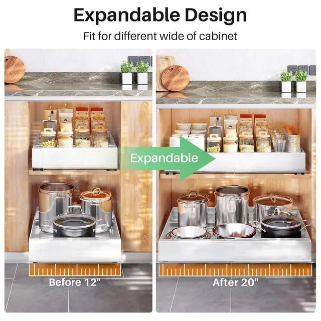 Alt view image 4 of 7 - Pull out Cabinet Organizer, Expandable(12"-20") Heavy Duty Slide out Drawers Fixed with Adhesive Nano Film for Pots, Roll out Shelf Storage for Kitchen Base Cabinet, Pantry, Bathroom(2-Pack)