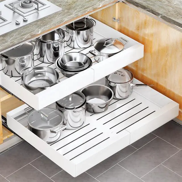 Main image of Pull out Cabinet Organizer, Wider Expandable(14"-24") Heavy Duty Slide out Drawers Fixed with Adhesive Nano Film for Pots, Roll out Shelf Storage for Kitchen Cabinet Organization(White-1pc)(3 Rails)