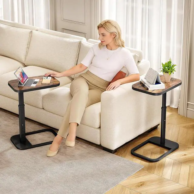 Alt view image 2 of 7 - Kitstorack Adjustable Height C-Shaped End Table, 9-Level Side Table with Thickened Metal Rounded Edge, Couch Table Slides Under Sofa or Bed, Eating, Working, TV Tray Table for Small Spaces, Brown