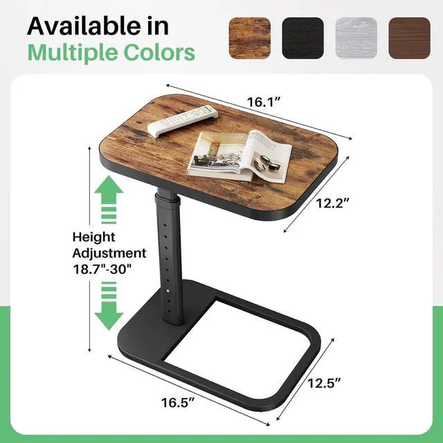 Alt view image 3 of 7 - Kitstorack Adjustable Height C-Shaped End Table, 9-Level Side Table with Thickened Metal Rounded Edge, Couch Table Slides Under Sofa or Bed, Eating, Working, TV Tray Table for Small Spaces, Brown