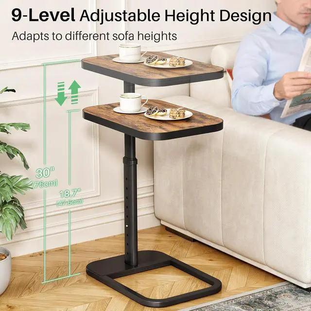 Alt view image 4 of 7 - Kitstorack Adjustable Height C-Shaped End Table, 9-Level Side Table with Thickened Metal Rounded Edge, Couch Table Slides Under Sofa or Bed, Eating, Working, TV Tray Table for Small Spaces, Brown