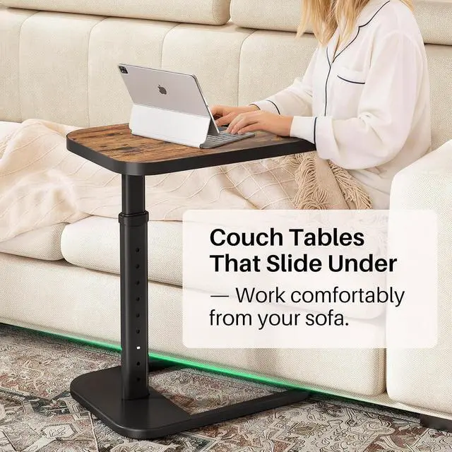 Alt view image 6 of 7 - Kitstorack Adjustable Height C-Shaped End Table, 9-Level Side Table with Thickened Metal Rounded Edge, Couch Table Slides Under Sofa or Bed, Eating, Working, TV Tray Table for Small Spaces, Brown