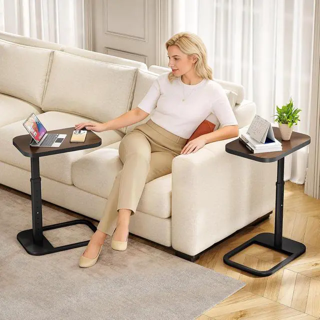 Alt view image 2 of 7 - Kitstorack Adjustable Height C-Shaped End Table, 9-Level Side Table with Thickened Metal Rounded Edge, Couch Table Slides Under Sofa or Bed, Eating, Working, TV Tray Table for Small Spaces, Espresso