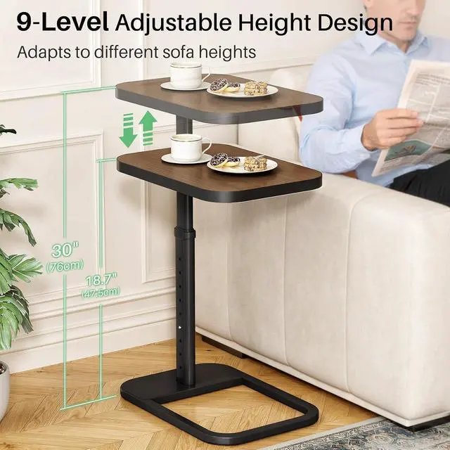 Alt view image 3 of 7 - Kitstorack Adjustable Height C-Shaped End Table, 9-Level Side Table with Thickened Metal Rounded Edge, Couch Table Slides Under Sofa or Bed, Eating, Working, TV Tray Table for Small Spaces, Espresso