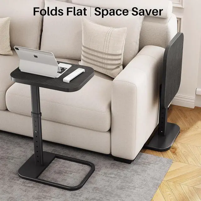Alt view image 7 of 7 - Kitstorack TV Tray Table, Adjustable Height & Rounded Metal Corners, Snack Table for Couch, Sofa, Bed, Chair, Living Room, C Shaped End Side Table for Eating, Dinner or Laptop, Small Spaces, Black