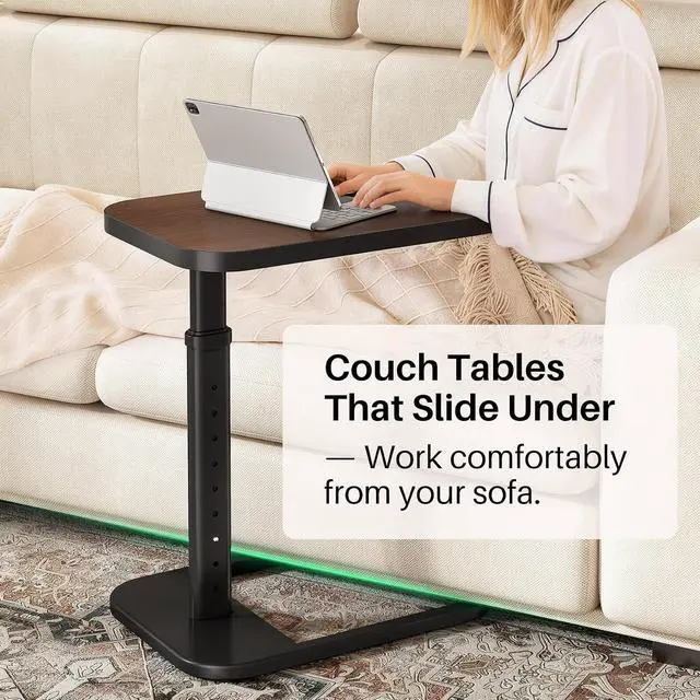 Alt view image 5 of 7 - Kitstorack Adjustable Height C-Shaped End Table, 9-Level Side Table with Thickened Metal Rounded Edge, Couch Table Slides Under Sofa or Bed, Eating, Working, TV Tray Table for Small Spaces, Espresso