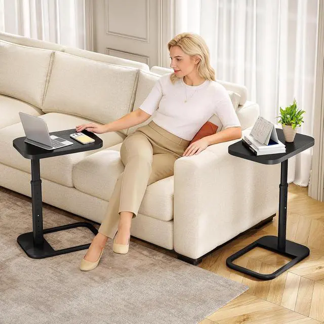 Alt view image 2 of 7 - Kitstorack Adjustable Height C-Shaped End Table, 9-Level Side Table with Thickened Metal Rounded Edge, Couch Table Slides Under Sofa or Bed, Eating, Working, TV Tray Table for Small Spaces, Black