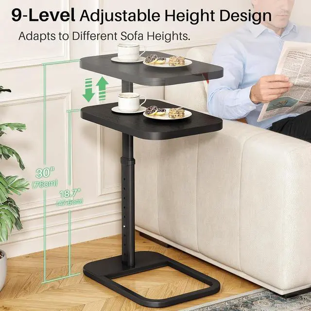 Alt view image 3 of 7 - Kitstorack Adjustable Height C-Shaped End Table, 9-Level Side Table with Thickened Metal Rounded Edge, Couch Table Slides Under Sofa or Bed, Eating, Working, TV Tray Table for Small Spaces, Black