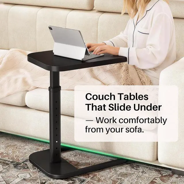 Alt view image 5 of 7 - Kitstorack Adjustable Height C-Shaped End Table, 9-Level Side Table with Thickened Metal Rounded Edge, Couch Table Slides Under Sofa or Bed, Eating, Working, TV Tray Table for Small Spaces, Black