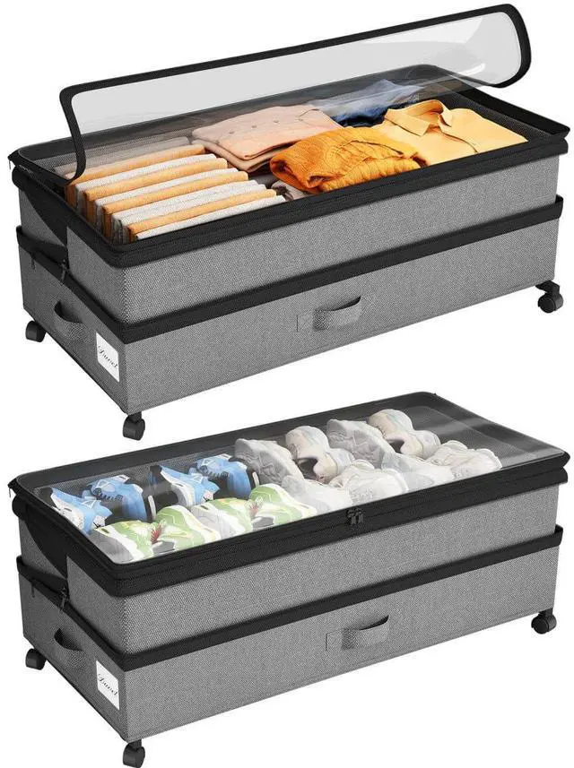 Main image of Kitstorack Under Bed Storage with Wheels 2Pack Height-adjustable Under Bed Storage Containers,Under Bed Shoe Storage Organizer with Clear Window&Label, Suitable for Clothes Storage, Gray