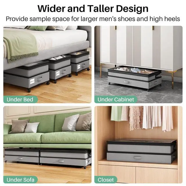 Alt view image 7 of 7 - Kitstorack Under Bed Storage with Wheels 2Pack Height-adjustable Under Bed Storage Containers,Under Bed Shoe Storage Organizer with Clear Window&Label, Suitable for Clothes Storage, Gray