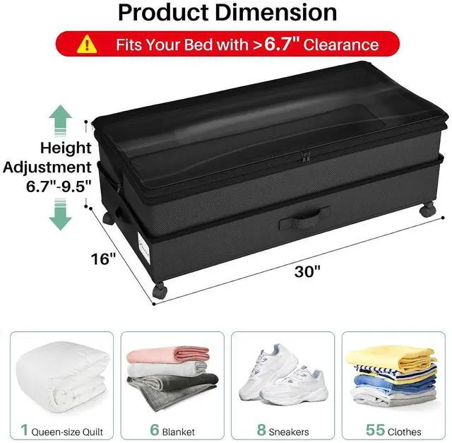 Alt view image 2 of 7 - Kitstorack 4 Pack Height-adjustable Under Bed Storage with Wheels, Under Bed Storage Containers,Under Bed Shoe Storage Organizer with Clear Window&Label, Suitable for Clothes Storage, Black