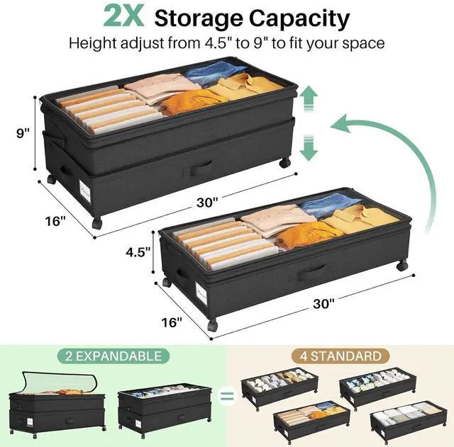 Alt view image 3 of 7 - Kitstorack 4 Pack Height-adjustable Under Bed Storage with Wheels, Under Bed Storage Containers,Under Bed Shoe Storage Organizer with Clear Window&Label, Suitable for Clothes Storage, Black