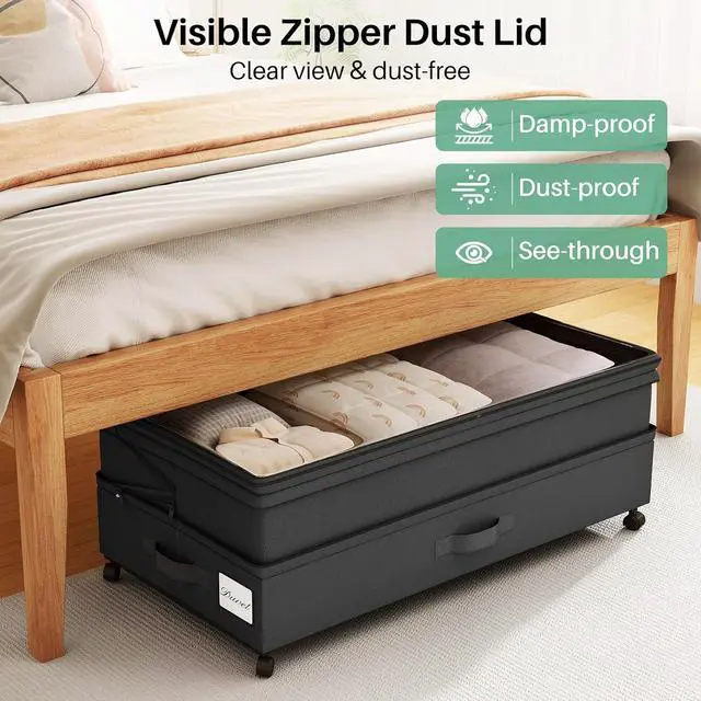 Alt view image 5 of 7 - Kitstorack 4 Pack Height-adjustable Under Bed Storage with Wheels, Under Bed Storage Containers,Under Bed Shoe Storage Organizer with Clear Window&Label, Suitable for Clothes Storage, Black