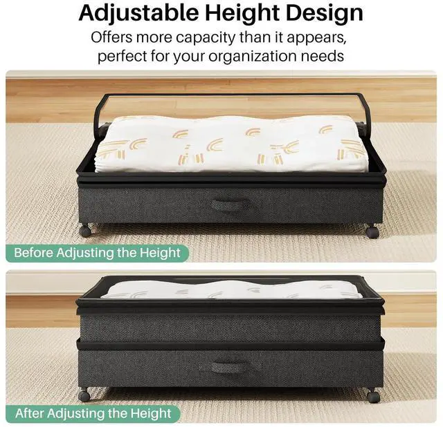 Alt view image 6 of 7 - Kitstorack 4 Pack Height-adjustable Under Bed Storage with Wheels, Under Bed Storage Containers,Under Bed Shoe Storage Organizer with Clear Window&Label, Suitable for Clothes Storage, Black