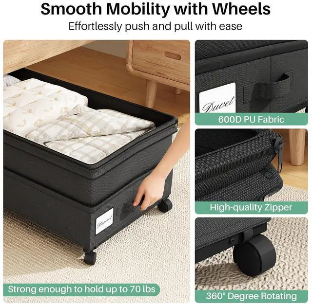 Alt view image 4 of 7 - Kitstorack 4 Pack Height-adjustable Under Bed Storage with Wheels, Under Bed Storage Containers,Under Bed Shoe Storage Organizer with Clear Window&Label, Suitable for Clothes Storage, Black