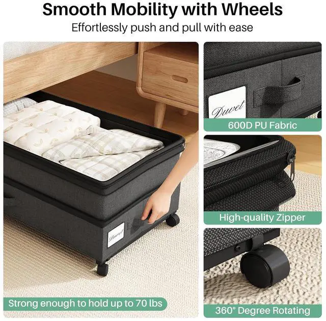 Alt view image 4 of 7 - Kitstorack 2Pack Height-adjustable Under Bed Storage with Wheels, Under Bed Storage Containers,Under Bed Shoe Storage Organizer with Clear Window&Label, Suitable for Clothes Storage, Black