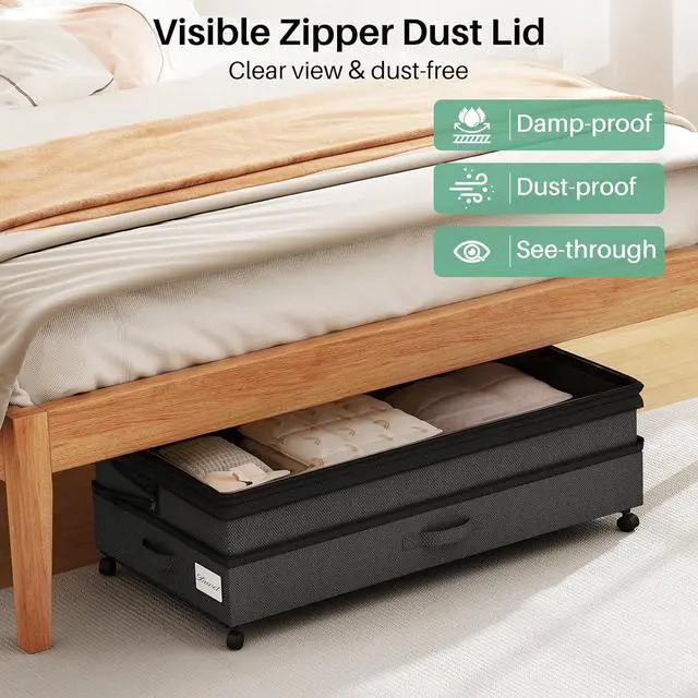 Alt view image 5 of 7 - Kitstorack 2Pack Height-adjustable Under Bed Storage with Wheels, Under Bed Storage Containers,Under Bed Shoe Storage Organizer with Clear Window&Label, Suitable for Clothes Storage, Black