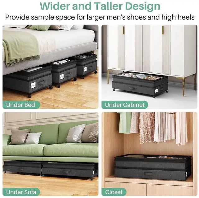 Alt view image 7 of 7 - Kitstorack 4 Pack Height-adjustable Under Bed Storage with Wheels, Under Bed Storage Containers,Under Bed Shoe Storage Organizer with Clear Window&Label, Suitable for Clothes Storage, Black