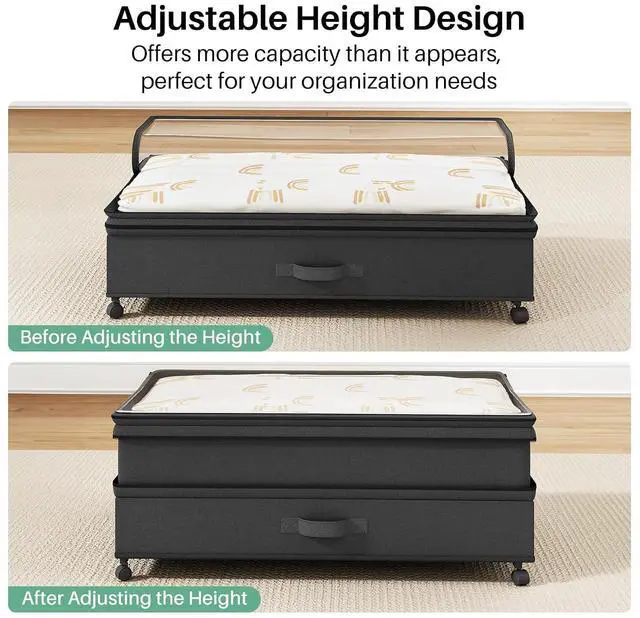 Alt view image 6 of 7 - Kitstorack 2Pack Height-adjustable Under Bed Storage with Wheels, Under Bed Storage Containers,Under Bed Shoe Storage Organizer with Clear Window&Label, Suitable for Clothes Storage, Black