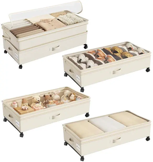 Main image of Kitstorack 4 Pack Height-adjustable Under Bed Storage with Wheels, Under Bed Storage Containers,Under Bed Shoe Storage Organizer with Clear Window&Label, Suitable for Clothes Storage, Beige