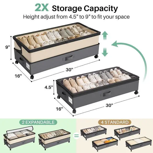 Alt view image 3 of 7 - Kitstorack 2Pack Height-adjustable Under Bed Storage with Wheels, Under Bed Storage Containers,Under Bed Shoe Storage Organizer with Clear Window&Label, Suitable for Clothes Storage, Beige & Gray