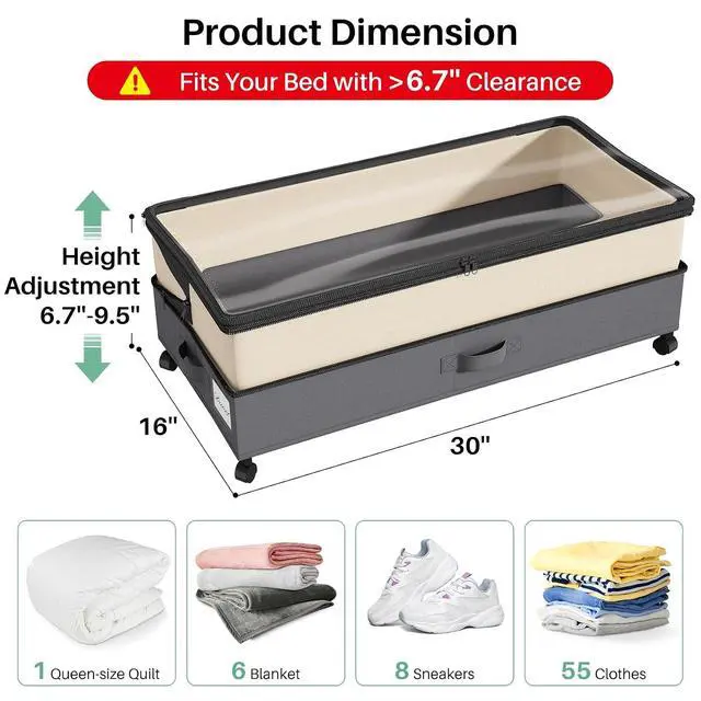 Alt view image 2 of 7 - Kitstorack 2Pack Height-adjustable Under Bed Storage with Wheels, Under Bed Storage Containers,Under Bed Shoe Storage Organizer with Clear Window&Label, Suitable for Clothes Storage, Beige & Gray