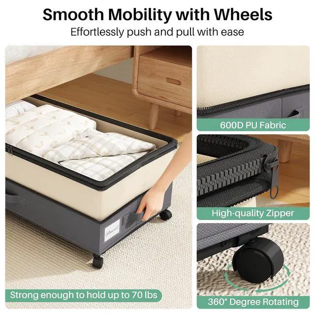 Alt view image 4 of 7 - Kitstorack 2Pack Height-adjustable Under Bed Storage with Wheels, Under Bed Storage Containers,Under Bed Shoe Storage Organizer with Clear Window&Label, Suitable for Clothes Storage, Beige & Gray