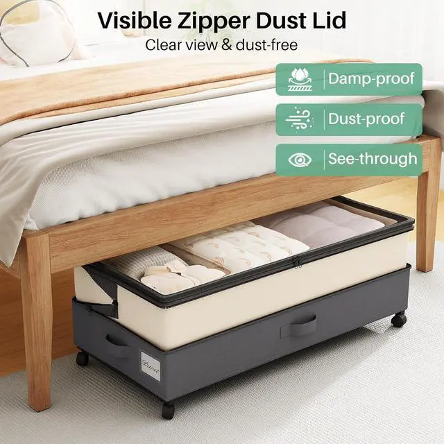 Alt view image 5 of 7 - Kitstorack 2Pack Height-adjustable Under Bed Storage with Wheels, Under Bed Storage Containers,Under Bed Shoe Storage Organizer with Clear Window&Label, Suitable for Clothes Storage, Beige & Gray