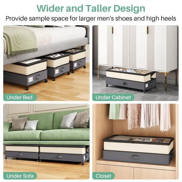 Alt view image 6 of 7 - Kitstorack 2Pack Height-adjustable Under Bed Storage with Wheels, Under Bed Storage Containers,Under Bed Shoe Storage Organizer with Clear Window&Label, Suitable for Clothes Storage, Beige & Gray