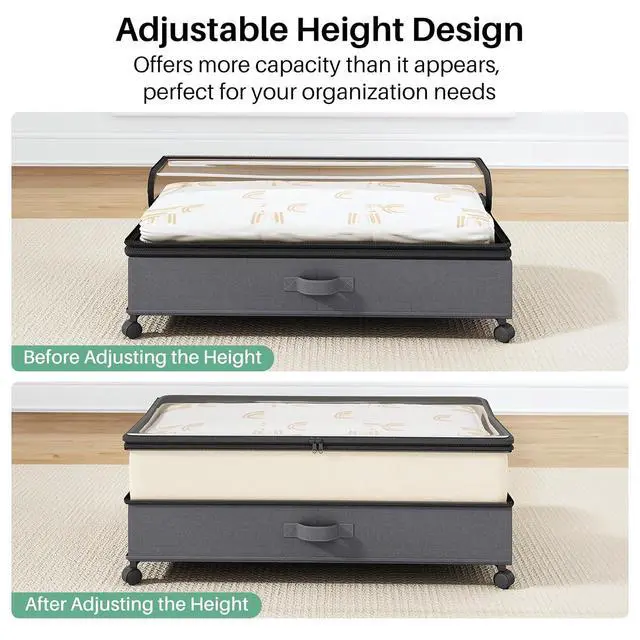 Alt view image 7 of 7 - Kitstorack 2Pack Height-adjustable Under Bed Storage with Wheels, Under Bed Storage Containers,Under Bed Shoe Storage Organizer with Clear Window&Label, Suitable for Clothes Storage, Beige & Gray