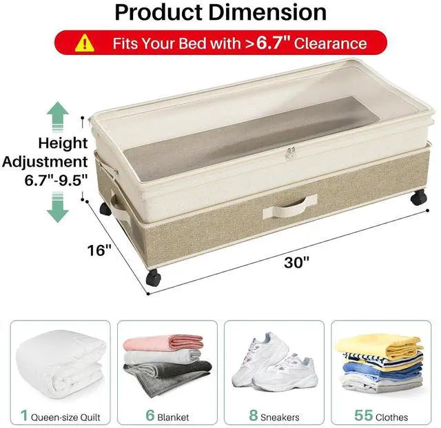 Alt view image 2 of 7 - Kitstorack 2Pack Height-adjustable Under Bed Storage with Wheels, Under Bed Storage Containers,Under Bed Shoe Storage Organizer with Clear Window&Label, Suitable for Clothes Storage, Beige & Linen