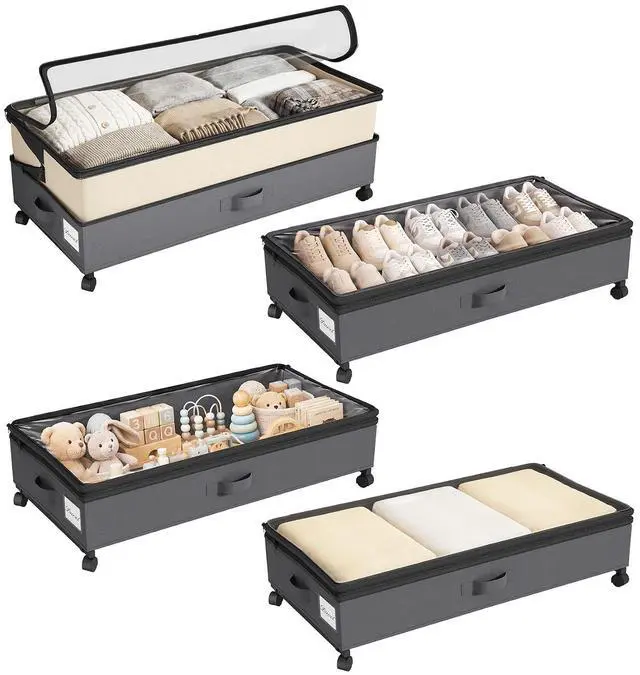 Main image of Kitstorack 4 Pack Height-adjustable Under Bed Storage with Wheels, Under Bed Storage Containers,Under Bed Shoe Storage Organizer with Clear Window&Label, Suitable for Clothes Storage, Beige & Gray