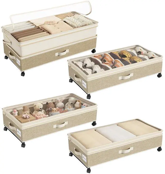 Main image of Kitstorack 4 Pack Height-adjustable Under Bed Storage with Wheels, Under Bed Storage Containers,Under Bed Shoe Storage Organizer with Clear Window&Label, Suitable for Clothes Storage, Beige & Linen