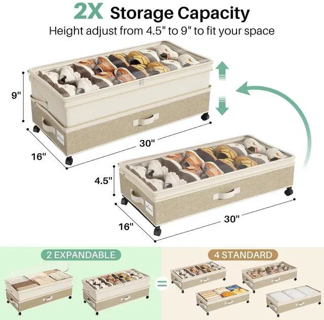 Alt view image 3 of 7 - Kitstorack 2Pack Height-adjustable Under Bed Storage with Wheels, Under Bed Storage Containers,Under Bed Shoe Storage Organizer with Clear Window&Label, Suitable for Clothes Storage, Beige & Linen